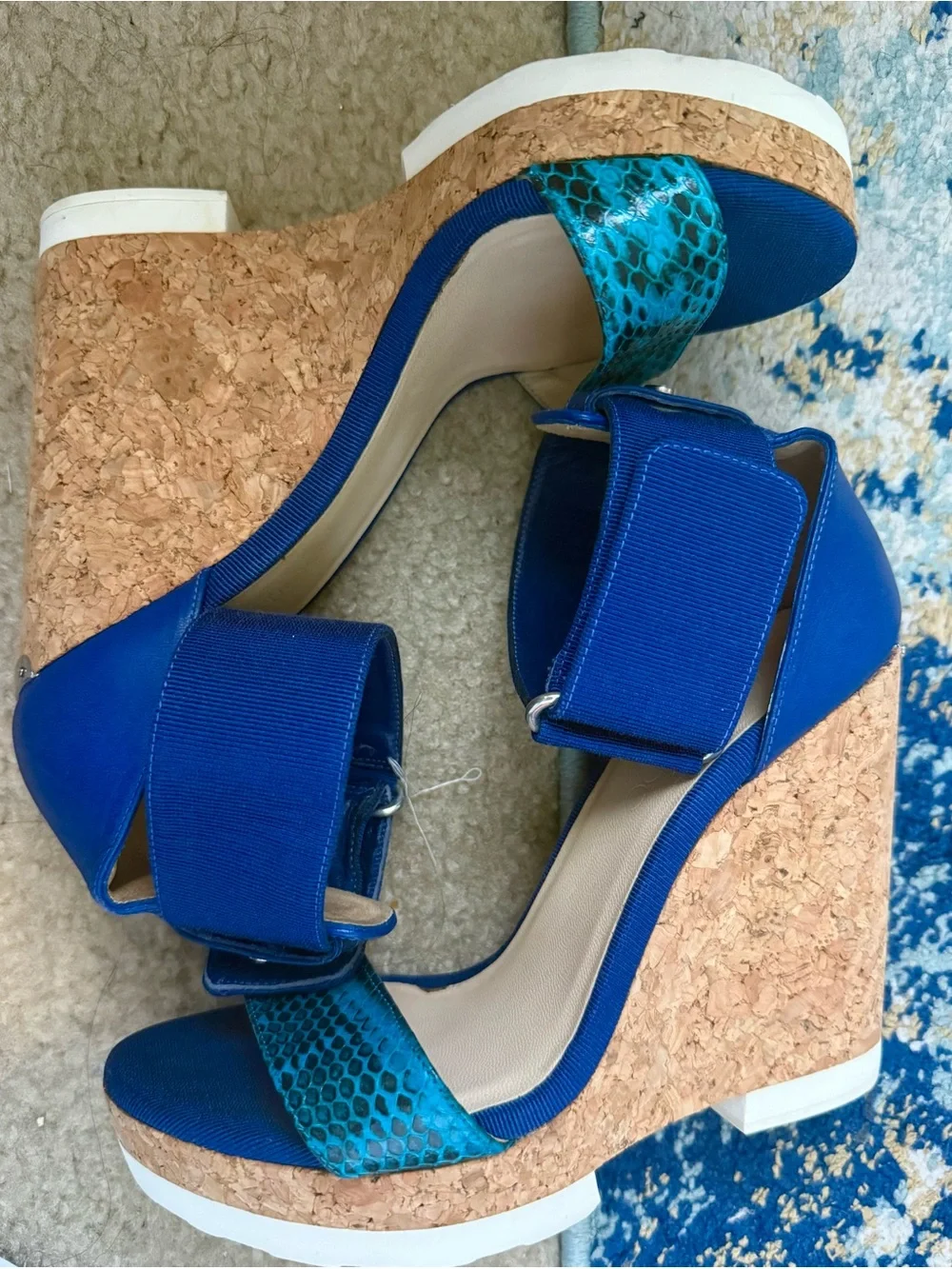 Jimmy Choo Blue Cork Wedge Sandals with Teal Strap - Women